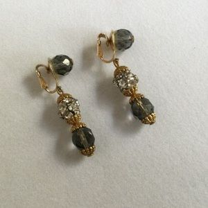 Vintage Swarovski Clear Crystal & Montana Blue Czech Fire Polish Clip Earrings